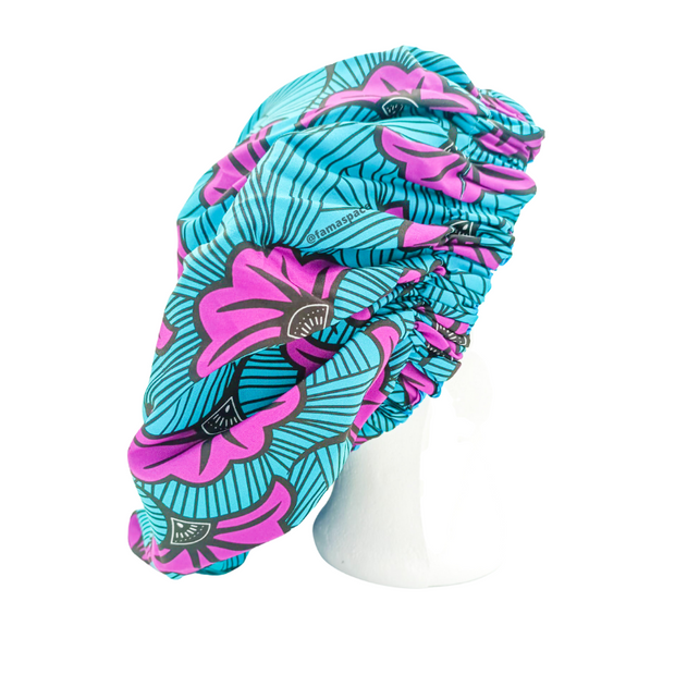 Chapeau en satin imprimé - réversible bleu