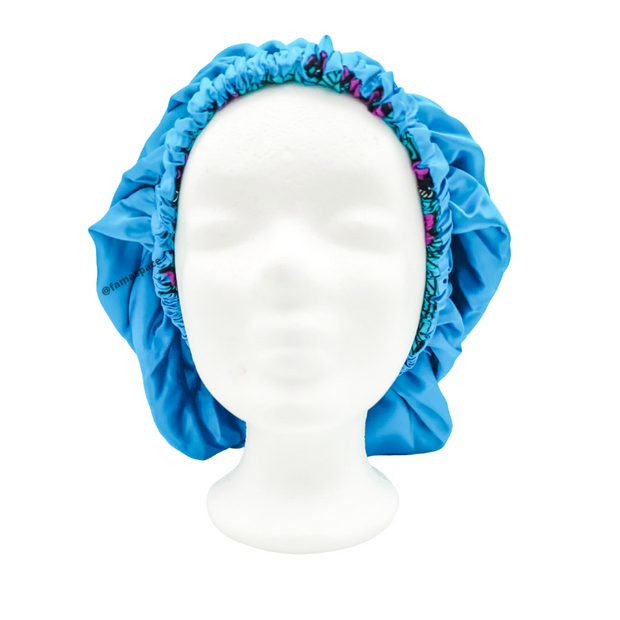Chapeau en satin imprimé - réversible bleu