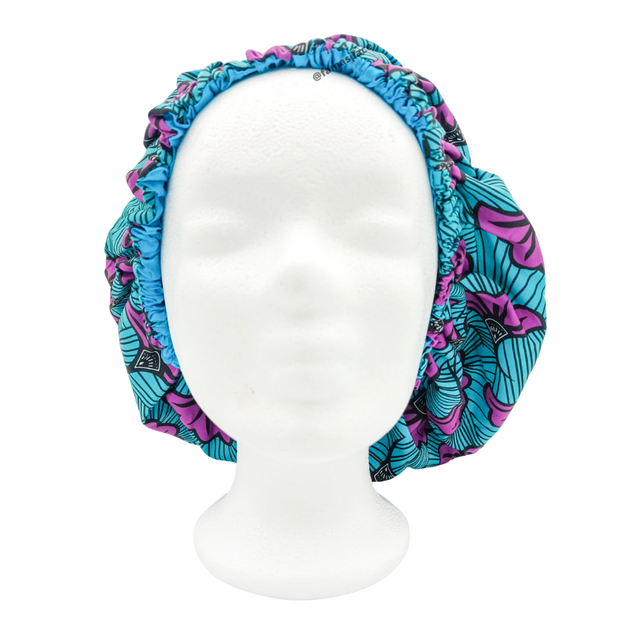 Chapeau en satin imprimé - réversible bleu